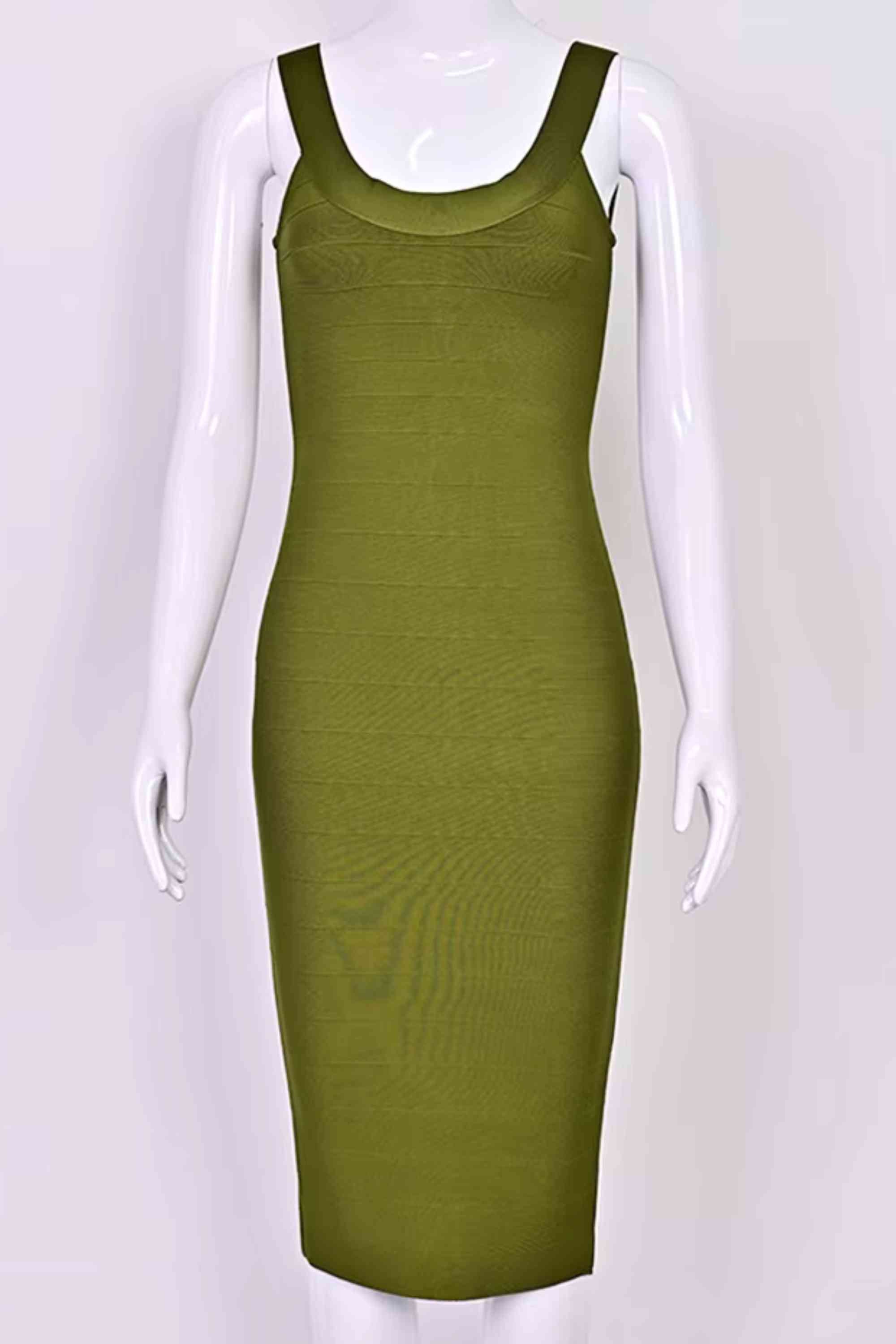 Woman wearing a figure flattering Cindy Bandage Midi Dress - Army Green BODYCON COLLECTION Pty Ltd