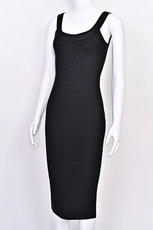 Woman wearing a figure flattering Cindy Bandage Midi Dress - Classic Black BODYCON COLLECTION Pty Ltd