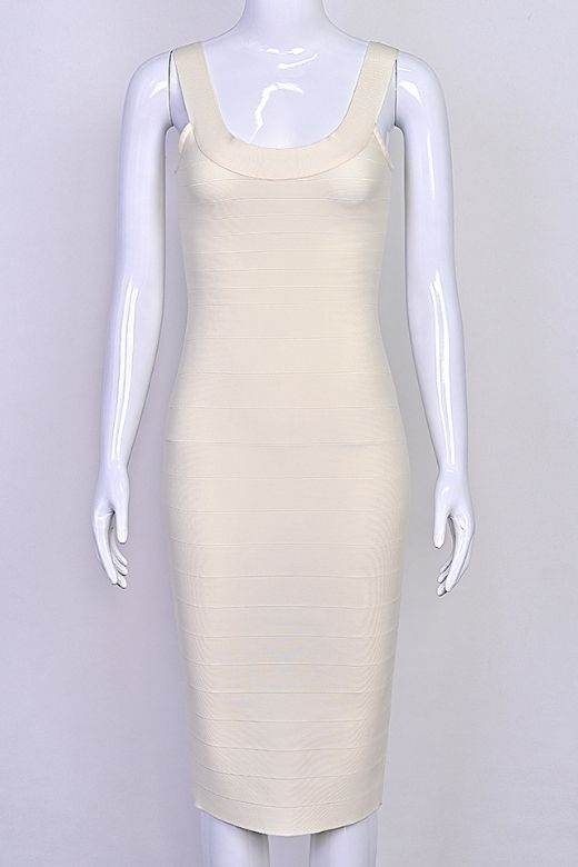 Woman wearing a figure flattering Cindy Bandage Midi Dress - Cream BODYCON COLLECTION Pty Ltd