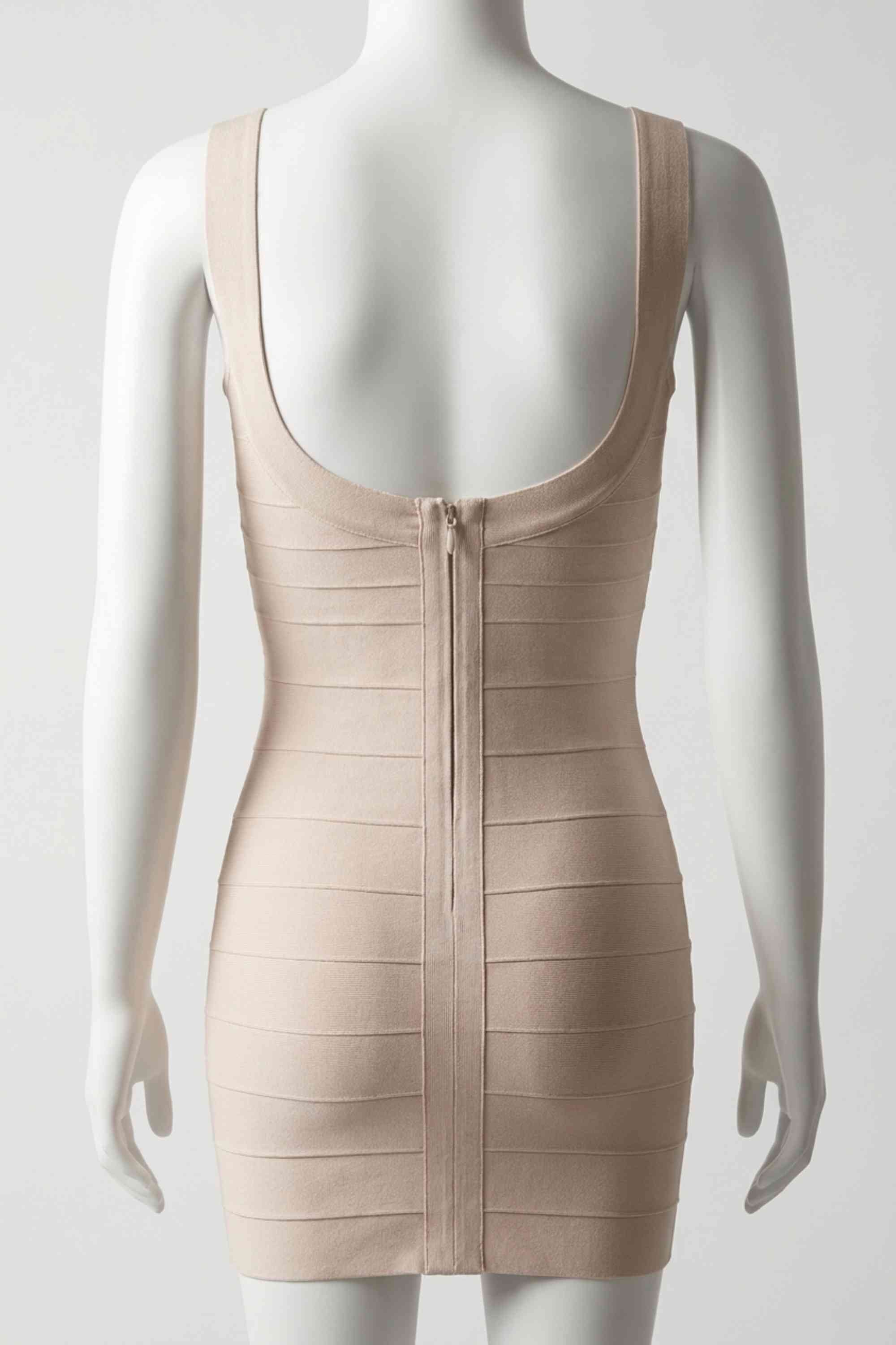 Woman wearing a figure flattering Cindy Bandage Mini Dress - Beige BODYCON COLLECTION Pty Ltd
