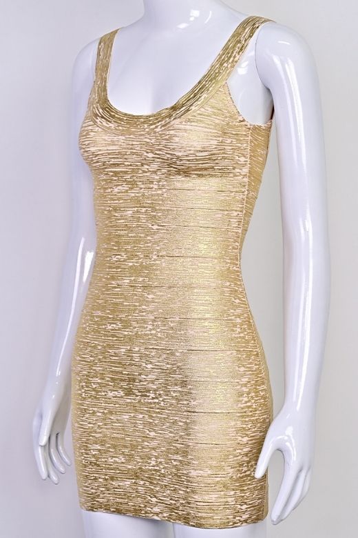 Woman wearing a figure flattering Cindy Bandage Mini Dress - Gold BODYCON COLLECTION Pty Ltd