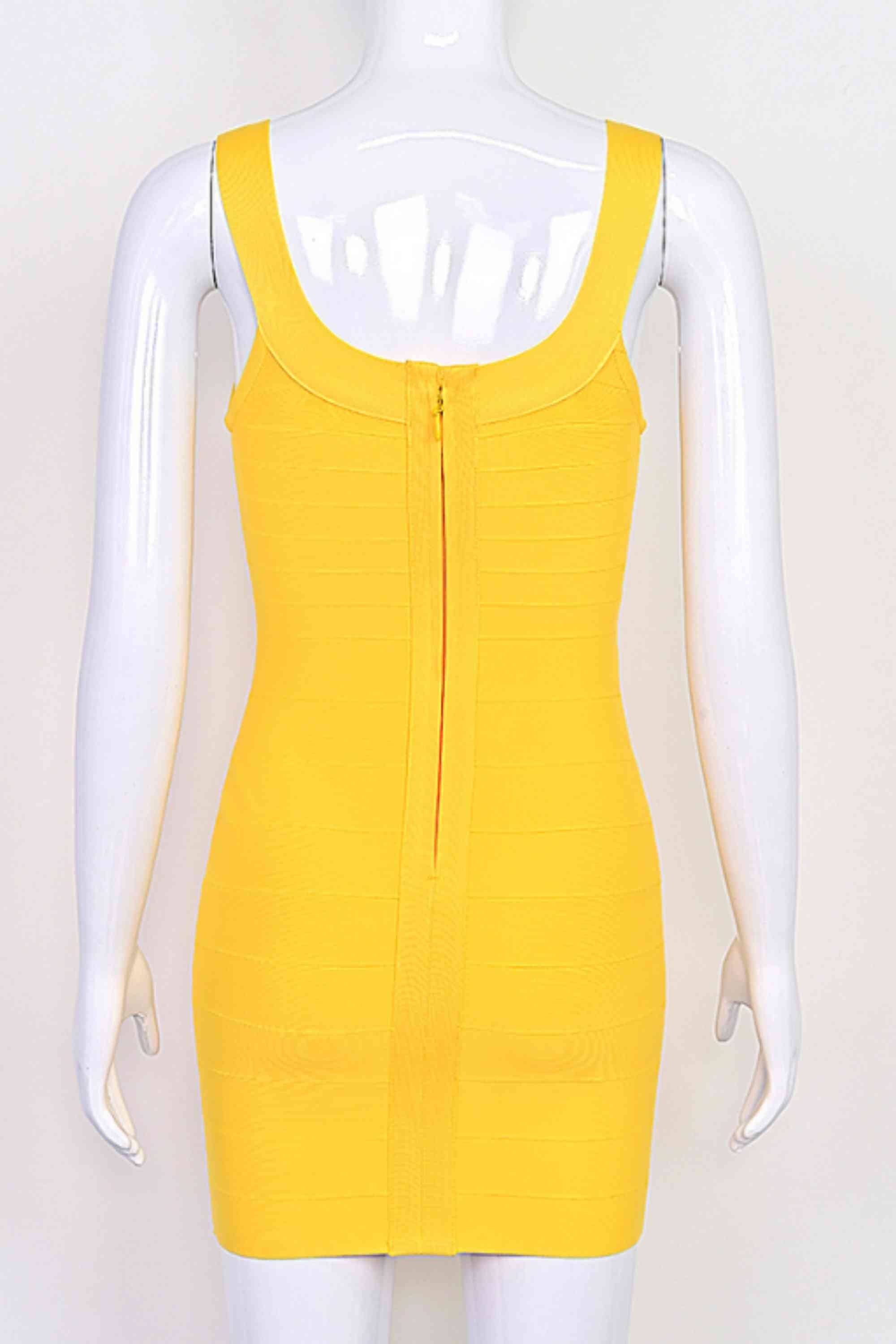 Woman wearing a figure flattering Cindy Bandage Mini Dress - Mustard Yellow BODYCON COLLECTION Pty Ltd