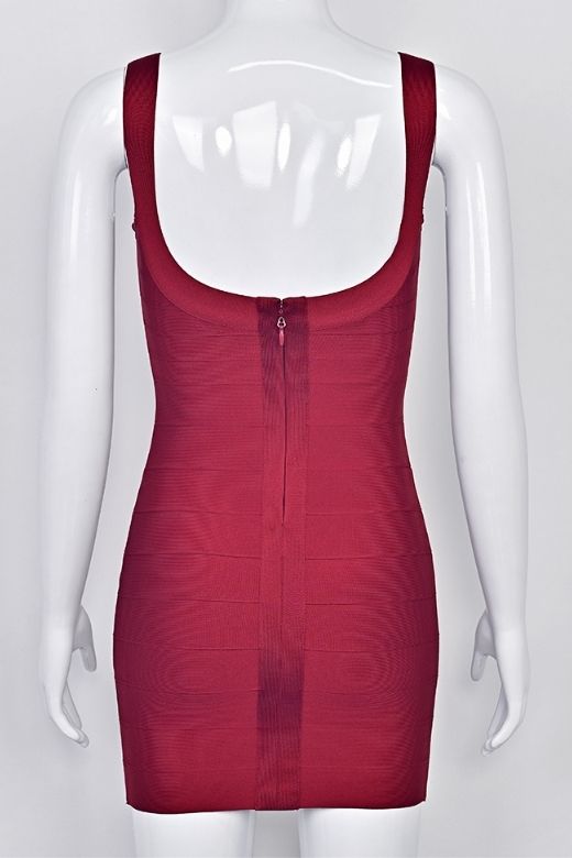 Woman wearing a figure flattering Cindy Bandage Mini Dress - Red Wine BODYCON COLLECTION Pty Ltd