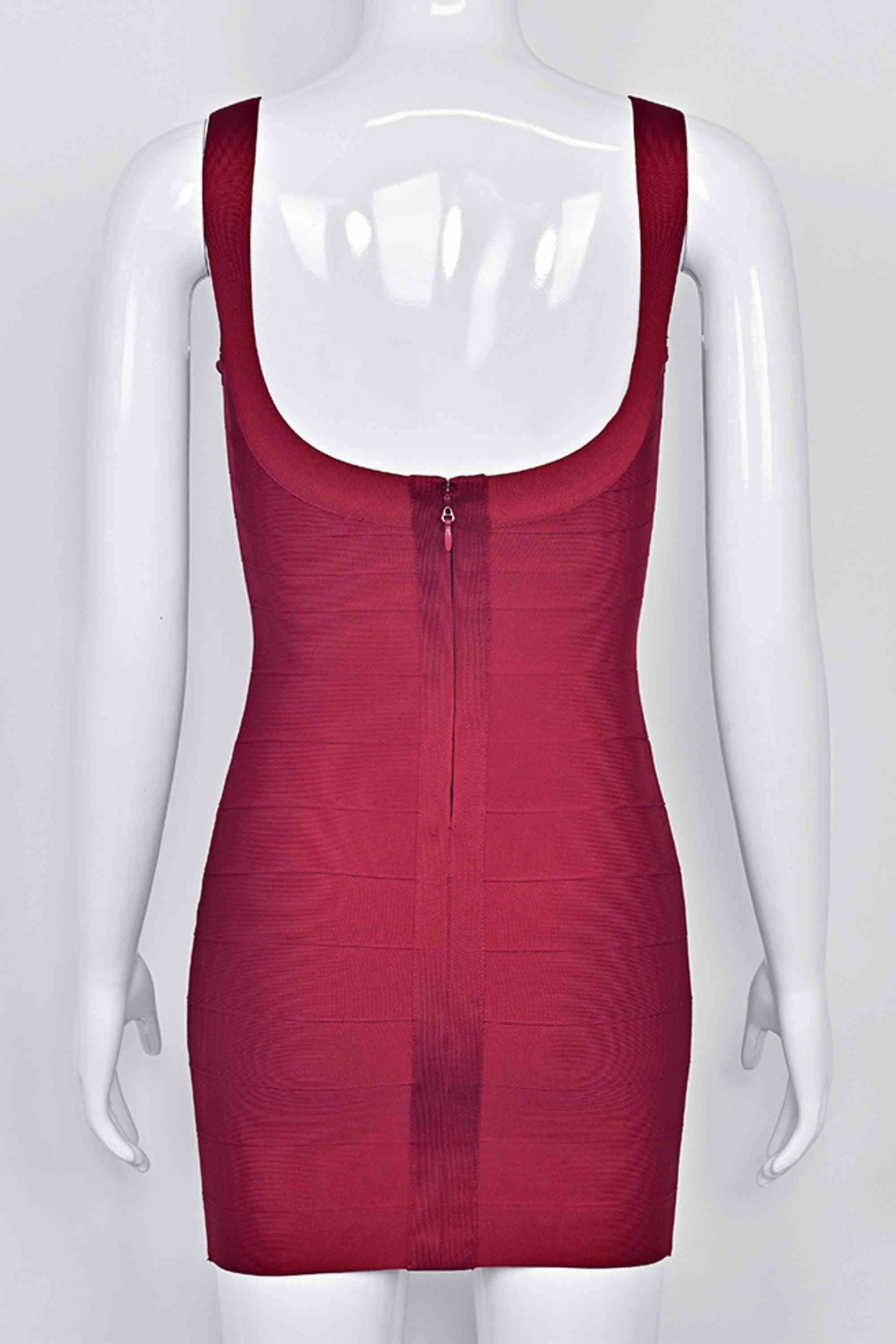 Woman wearing a figure flattering Cindy Bandage Mini Dress - Red Wine BODYCON COLLECTION Pty Ltd