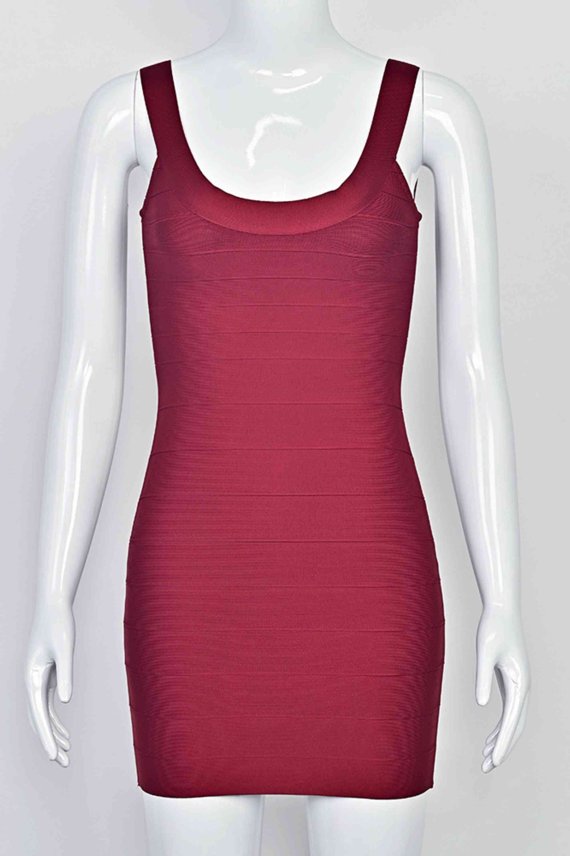 Woman wearing a figure flattering Cindy Bandage Mini Dress - Red Wine BODYCON COLLECTION Pty Ltd