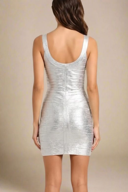 Woman wearing a figure flattering Cindy Bandage Mini Dress - Silver BODYCON COLLECTION Pty Ltd