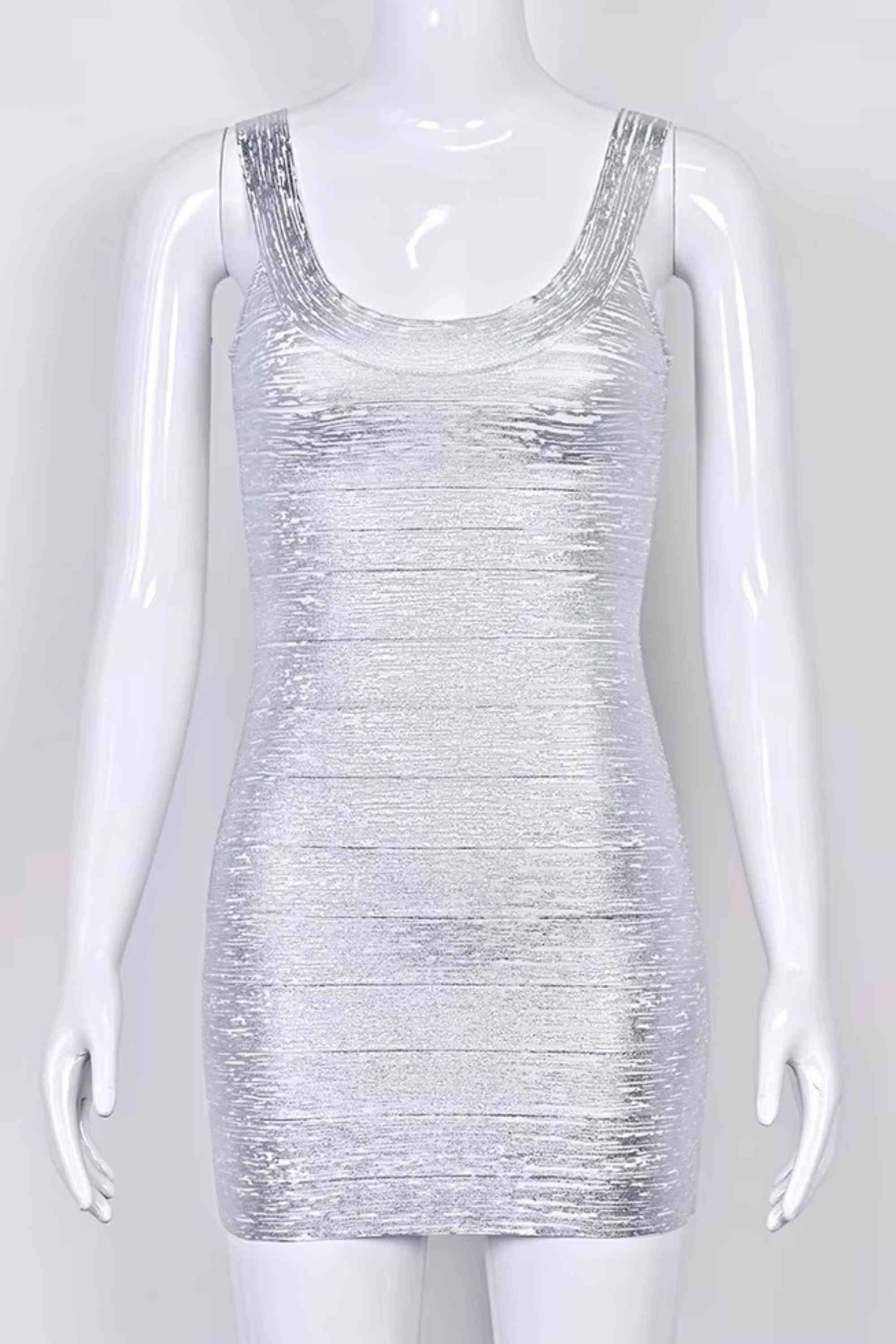 Woman wearing a figure flattering Cindy Bandage Mini Dress - Silver BODYCON COLLECTION Pty Ltd