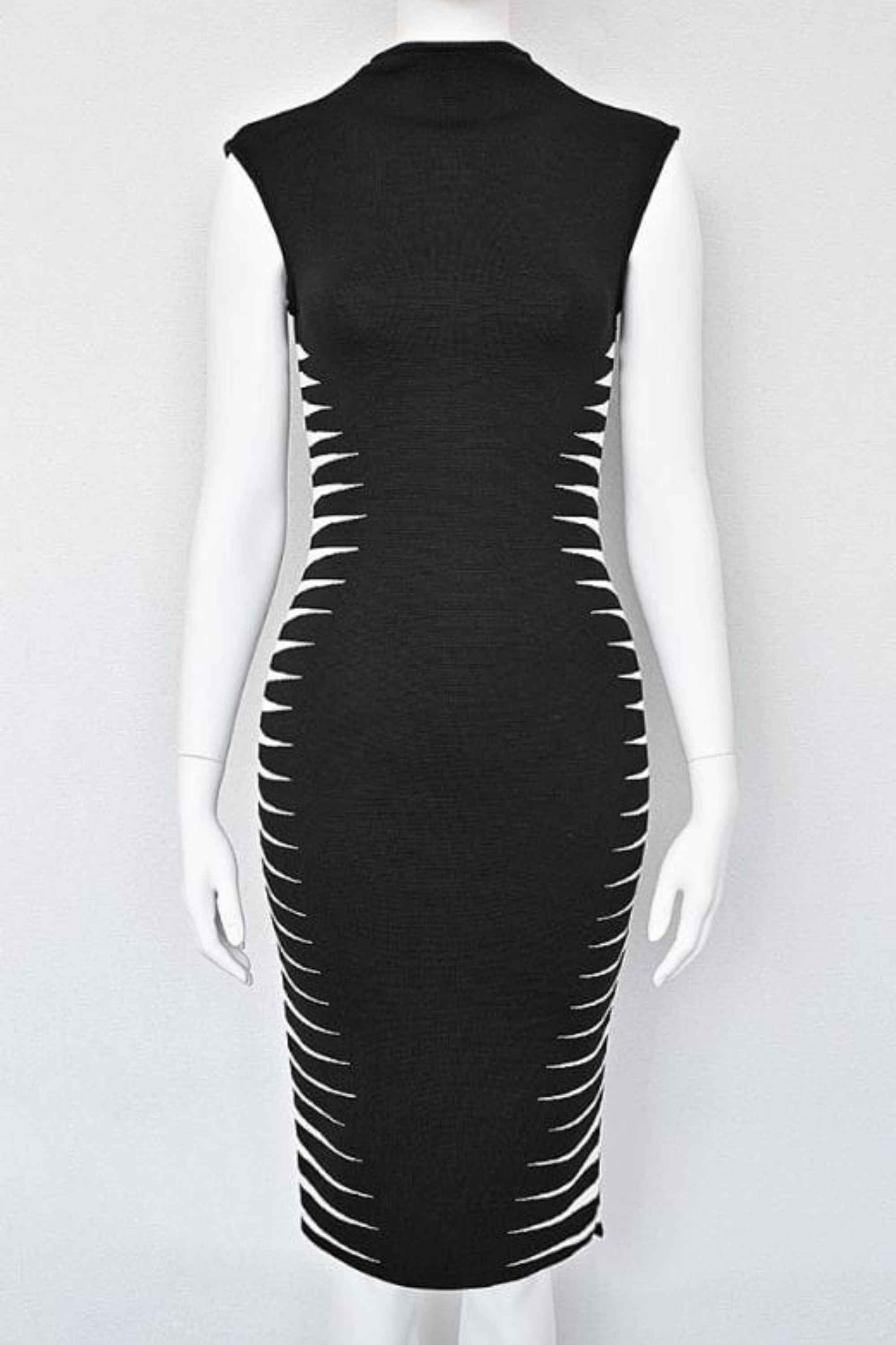 Woman wearing a figure flattering Cleo Bandage Midi Dress - Classic Black BODYCON COLLECTION Pty Ltd