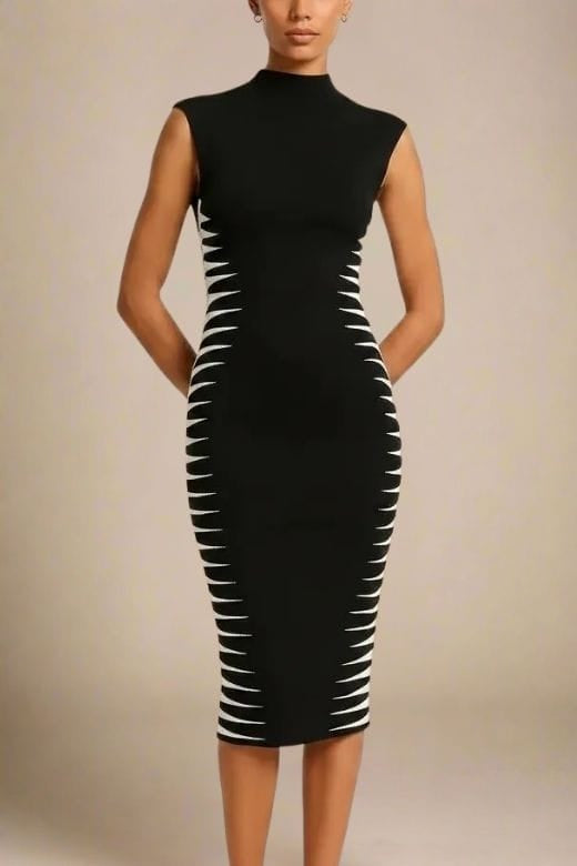 Woman wearing a figure flattering Cleo Bandage Midi Dress - Classic Black BODYCON COLLECTION Pty Ltd