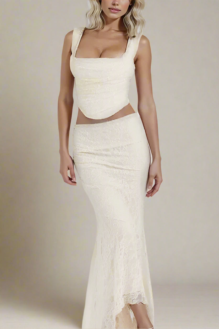 Woman wearing a figure flattering Darling Wrap Top and Maxi Skirt Outfit Set - Ivory BODYCON COLLECTION