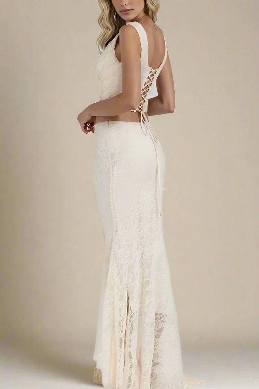 Woman wearing a figure flattering Darling Wrap Top and Maxi Skirt Outfit Set - Ivory BODYCON COLLECTION