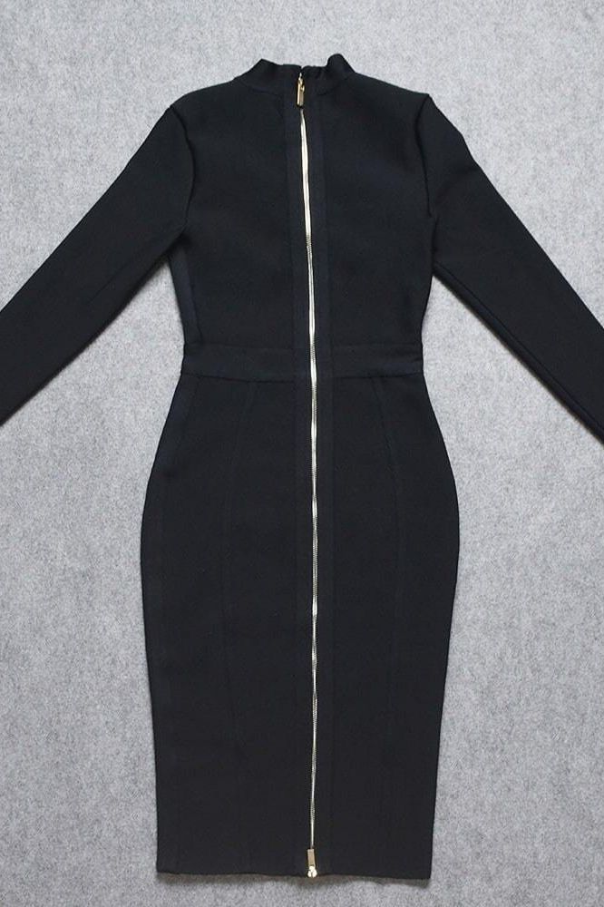 Woman wearing a figure flattering Dee Long Sleeve Bandage Dress - Classic Black BODYCON COLLECTION