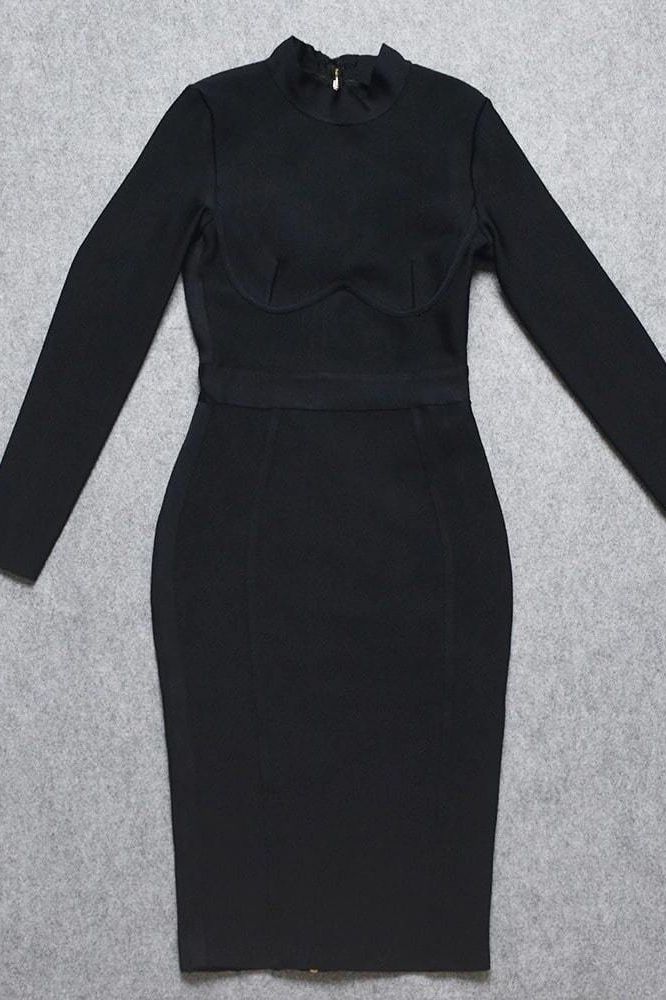 Woman wearing a figure flattering Dee Long Sleeve Bandage Dress - Classic Black BODYCON COLLECTION