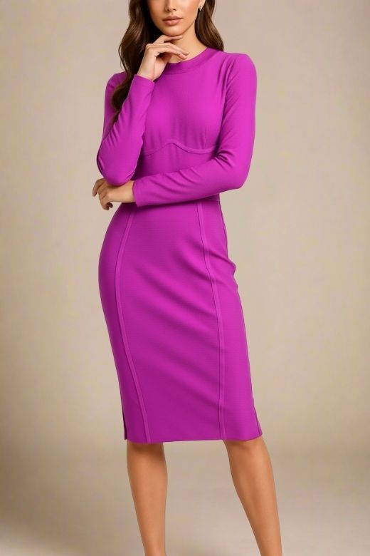 Woman wearing a figure flattering Dee Long Sleeve Bandage Dress - Neon Purple BODYCON COLLECTION