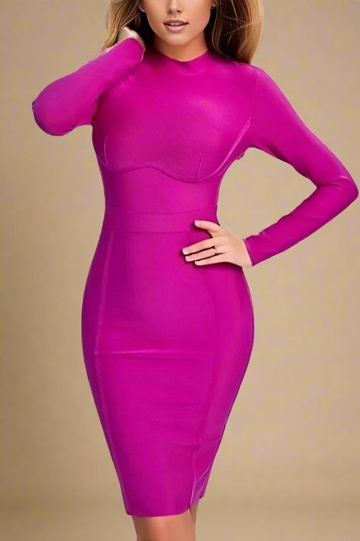 Woman wearing a figure flattering Dee Long Sleeve Bandage Dress - Neon Purple BODYCON COLLECTION