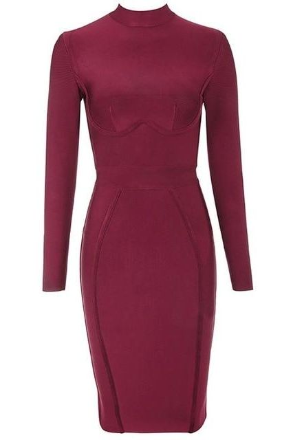 Woman wearing a figure flattering Dee Long Sleeve Bandage Dress - Red Wine BODYCON COLLECTION
