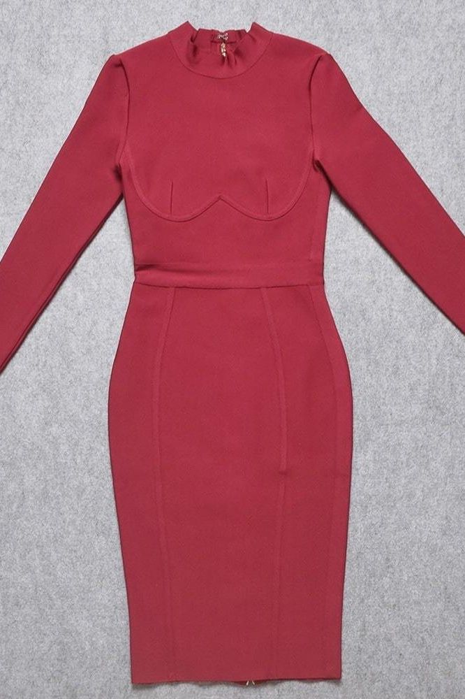 Woman wearing a figure flattering Dee Long Sleeve Bandage Dress - Red Wine BODYCON COLLECTION