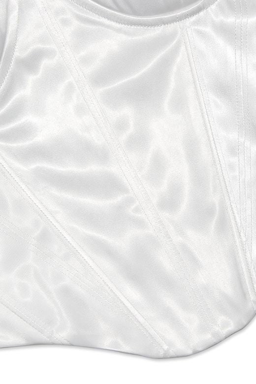 Woman wearing a figure flattering Diana Corset Crop Top - Pearl White BODYCON COLLECTION
