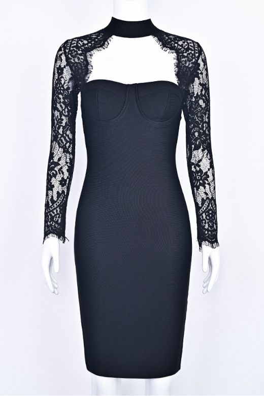 Woman wearing a figure flattering Elia Long Sleeve Bandage Dress - Classic Black BODYCON COLLECTION Pty Ltd