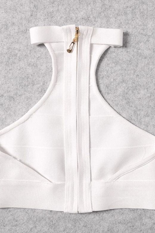 Woman wearing a figure flattering Elli Bandage Crop Top - Pearl White BODYCON COLLECTION
