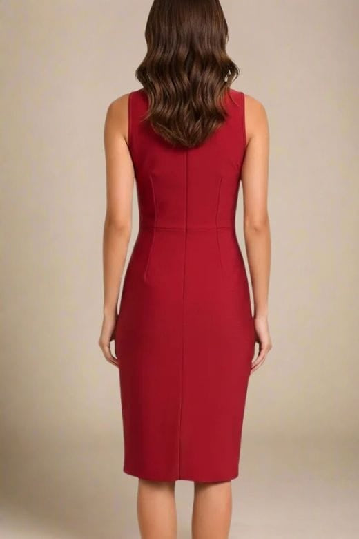 Woman wearing a figure flattering Elsa Bodycon Dress - Red Wine BODYCON COLLECTION Pty Ltd