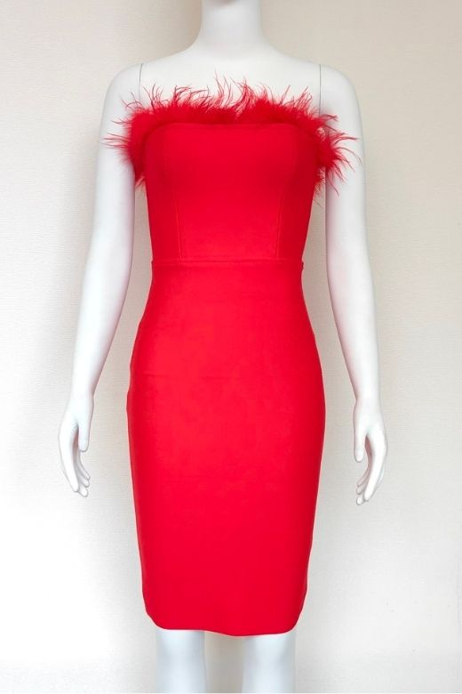 Woman wearing a figure flattering Erin Bandage Dress - Lipstick Red BODYCON COLLECTION