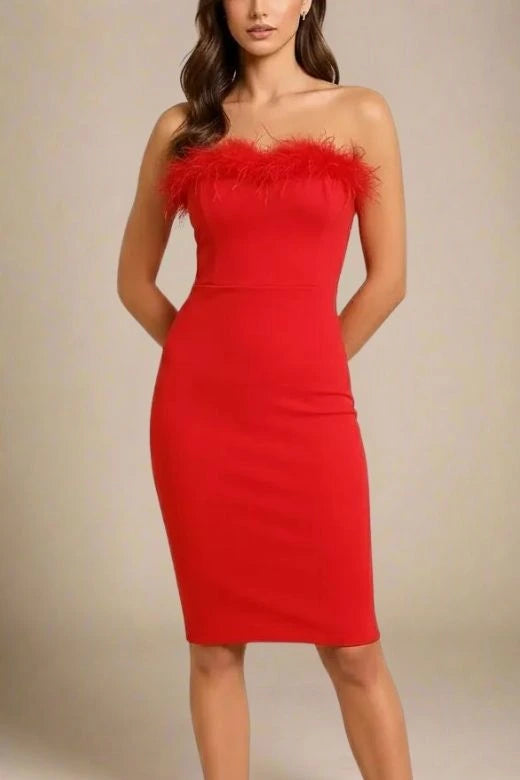 Woman wearing a figure flattering Erin Bandage Dress - Lipstick Red BODYCON COLLECTION