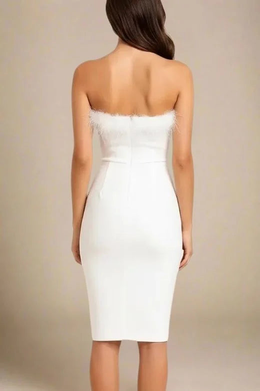 Woman wearing a figure flattering Erin Bandage Dress - Pearl White BODYCON COLLECTION