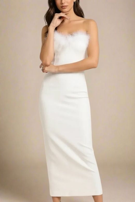 Woman wearing a figure flattering Erin Bandage Maxi Dress - White Pearl BODYCON COLLECTION