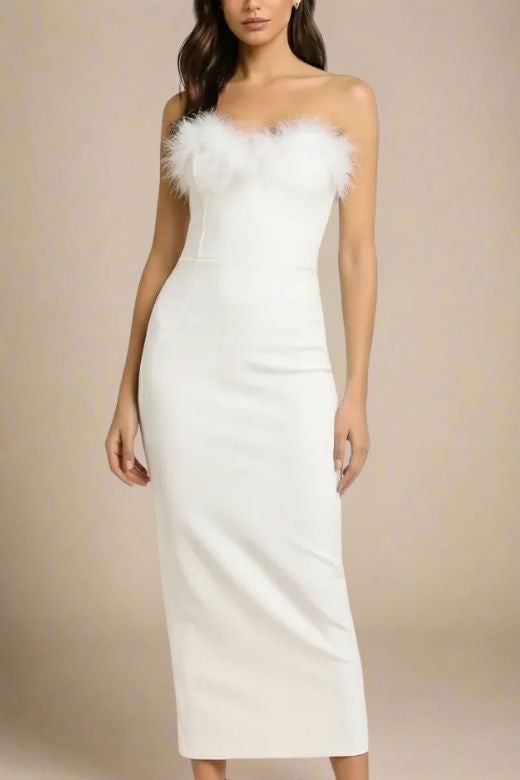 Woman wearing a figure flattering Erin Bandage Maxi Dress - White Pearl BODYCON COLLECTION