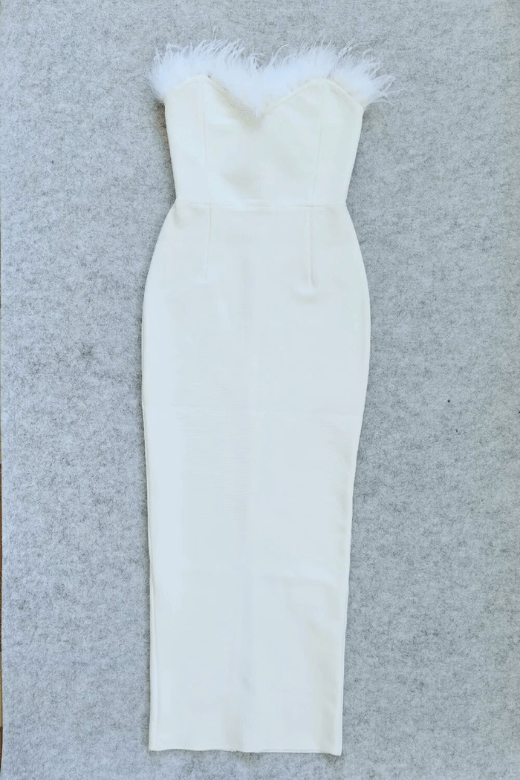 Woman wearing a figure flattering Erin Bodycon Maxi Dress - Pearl White BODYCON COLLECTION