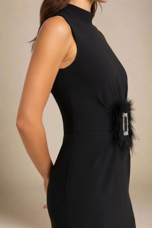 Woman wearing a figure flattering Erin High Neck Bandage Dress - Classic Black BODYCON COLLECTION