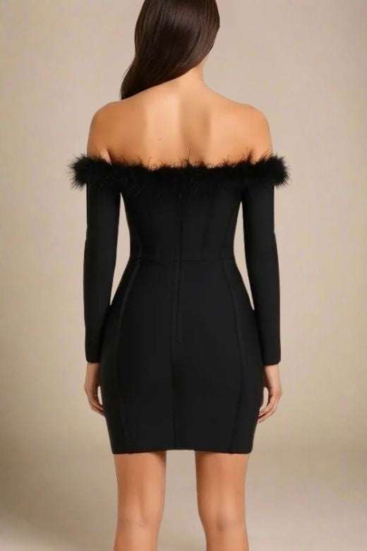 Woman wearing a figure flattering Erin Long Sleeve Bandage Mini Dress - Classic Black BODYCON COLLECTION