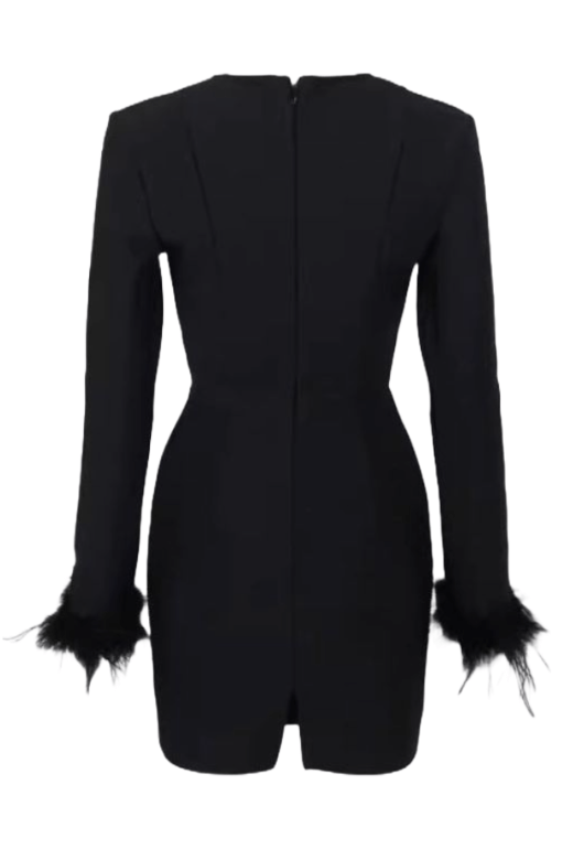 Woman wearing a figure flattering Erin Long Sleeve Mini Dress - Classic Black BODYCON COLLECTION