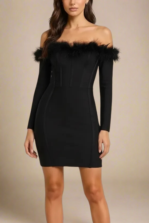 Woman wearing a figure flattering Erin Long Sleeve Off Shoulder Bodycon Mini Dress - Classic Black BODYCON COLLECTION