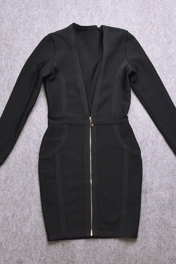 Woman wearing a figure flattering Eva Long Sleeve Bandage Mini Dress - Classic Black BODYCON COLLECTION