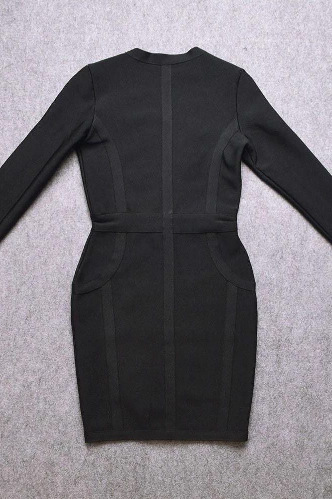 Woman wearing a figure flattering Eva Long Sleeve Bandage Mini Dress - Classic Black BODYCON COLLECTION