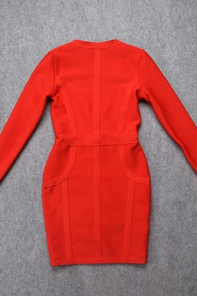 Woman wearing a figure flattering Eva Long Sleeve Bandage Mini Dress - Lipstick Red BODYCON COLLECTION