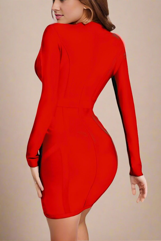 Woman wearing a figure flattering Eva Long Sleeve Bandage Mini Dress - Lipstick Red BODYCON COLLECTION