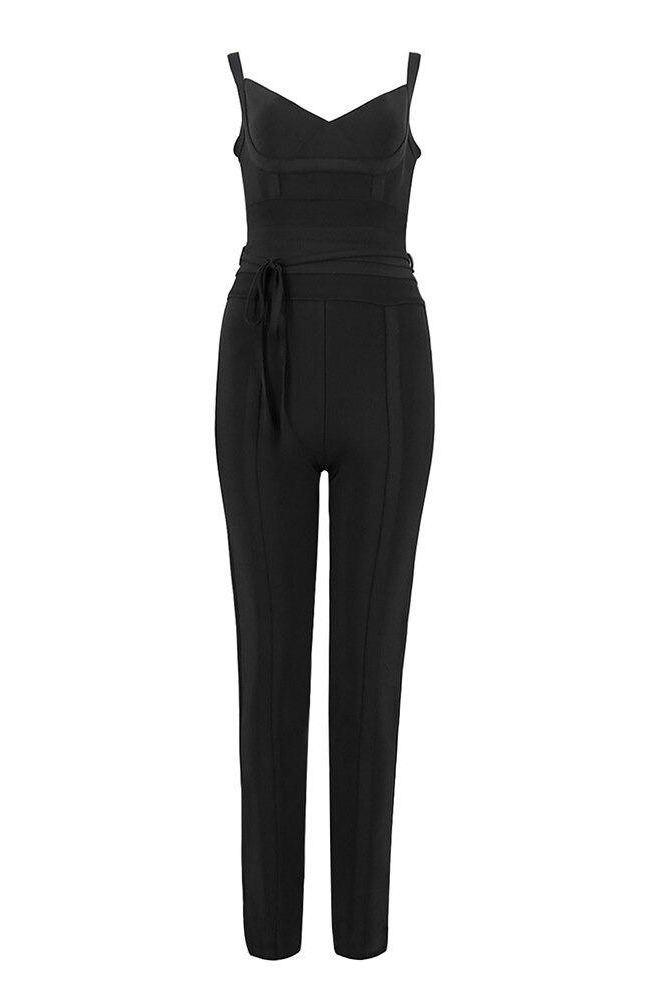 Woman wearing a figure flattering Eve Bandage Pants Jumpsuit - Classic Black Bodycon Collection