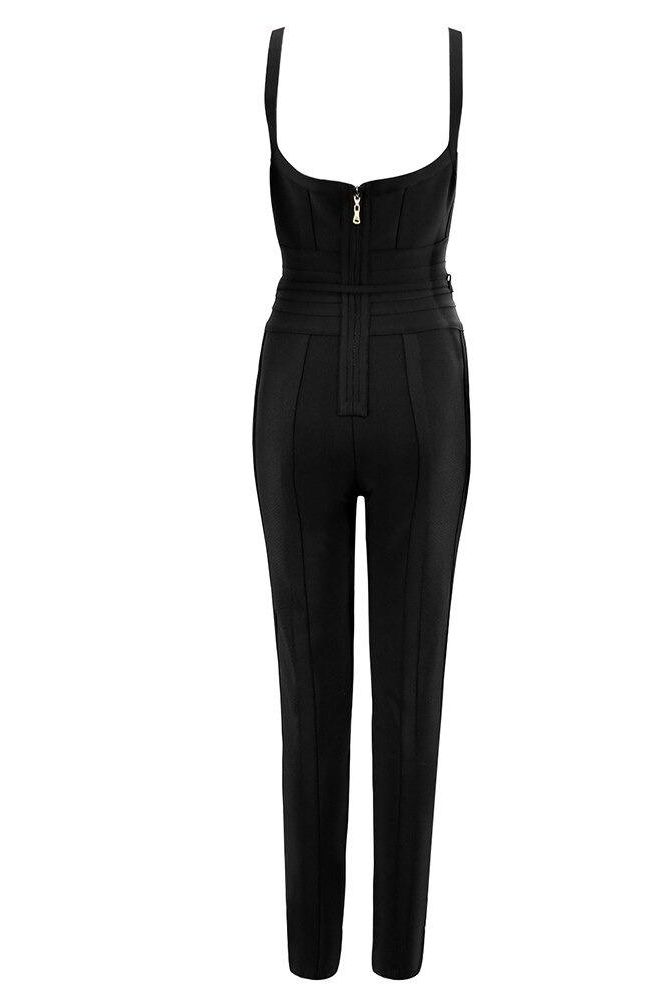 Woman wearing a figure flattering Eve Bandage Pants Jumpsuit - Classic Black Bodycon Collection