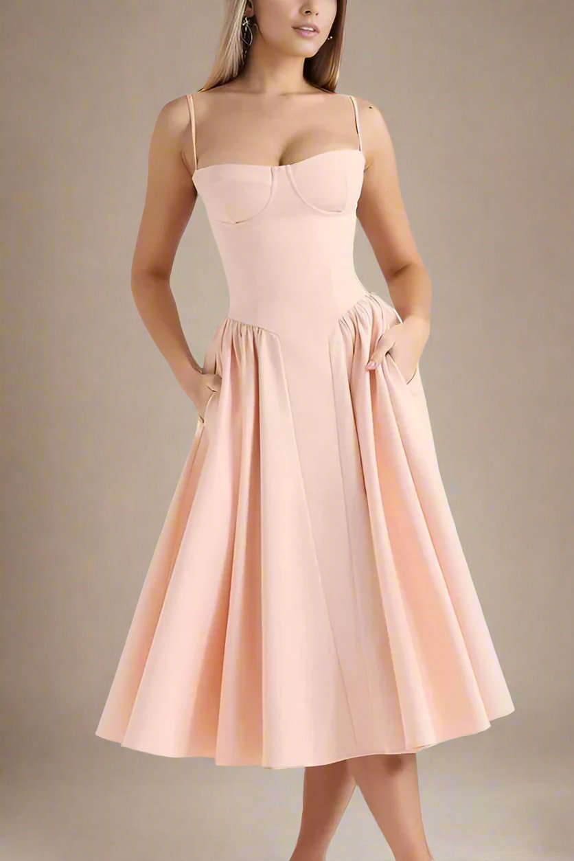 Woman wearing a figure flattering Everly Bodycon Day Midi Dress - Peach BODYCON COLLECTION
