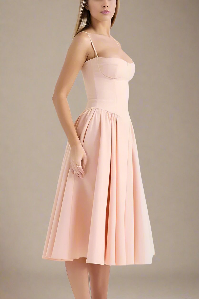 Woman wearing a figure flattering Everly Bodycon Day Midi Dress - Peach BODYCON COLLECTION