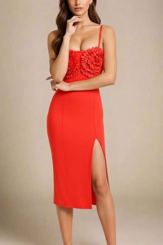 Woman wearing a figure flattering Faye Bandage Midi Dress - Lipstick Red BODYCON COLLECTION
