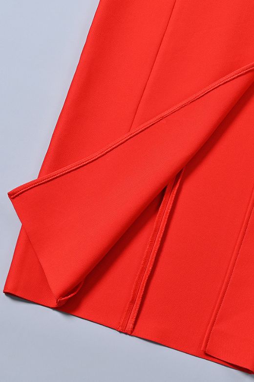 Woman wearing a figure flattering Faye Bandage Midi Dress - Lipstick Red BODYCON COLLECTION