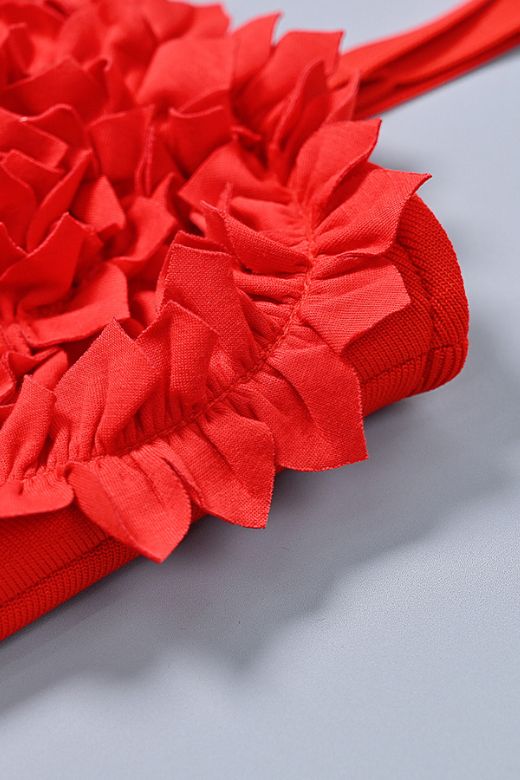 Woman wearing a figure flattering Faye Bandage Midi Dress - Lipstick Red BODYCON COLLECTION