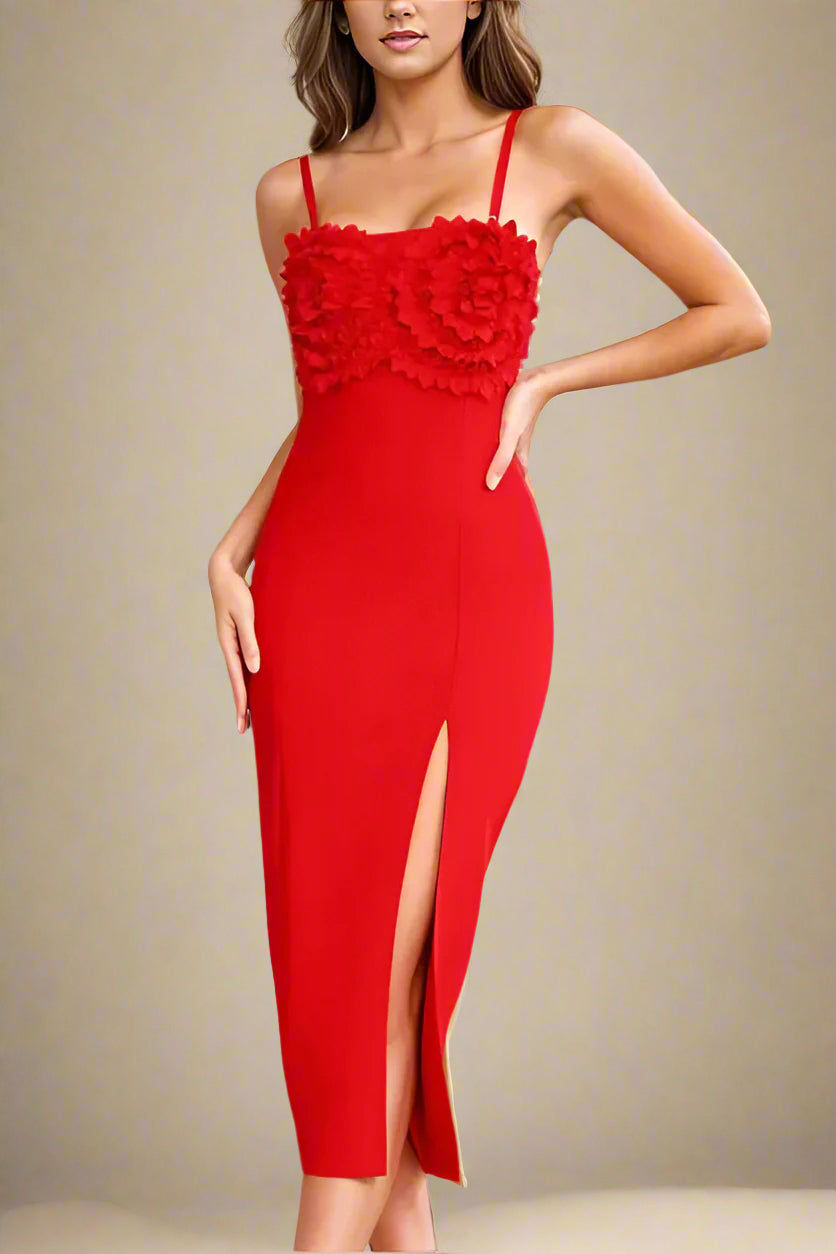 Woman wearing a figure flattering Faye Bandage Midi Dress - Lipstick Red BODYCON COLLECTION
