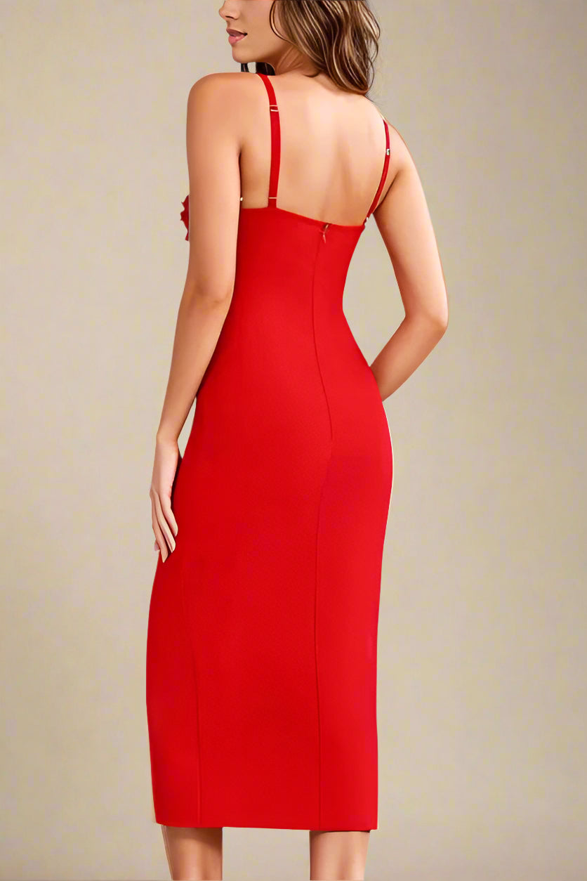 Woman wearing a figure flattering Faye Bandage Midi Dress - Lipstick Red BODYCON COLLECTION