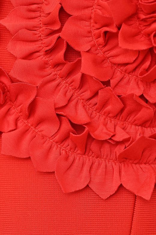 Woman wearing a figure flattering Faye Bandage Midi Dress - Lipstick Red BODYCON COLLECTION