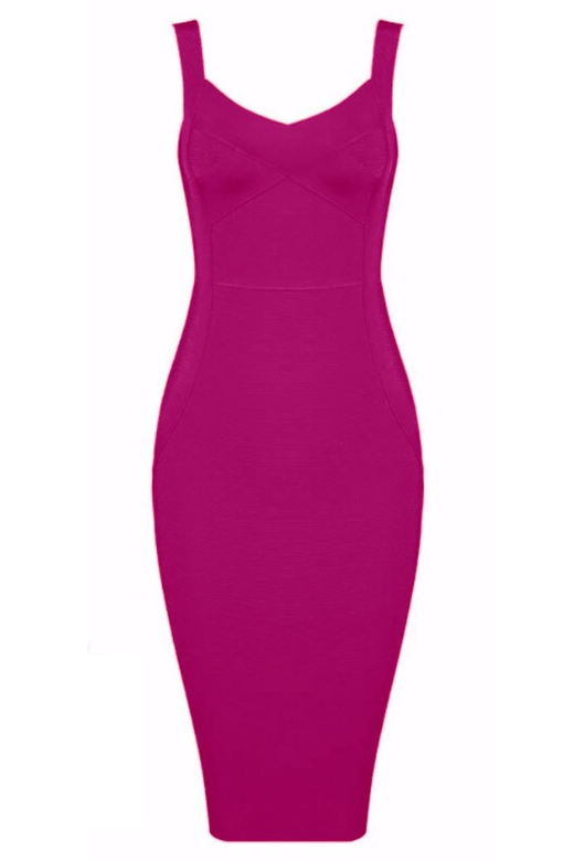 Woman wearing a figure flattering Freya Bandage Midi Dress - Magenta Pink BODYCON COLLECTION